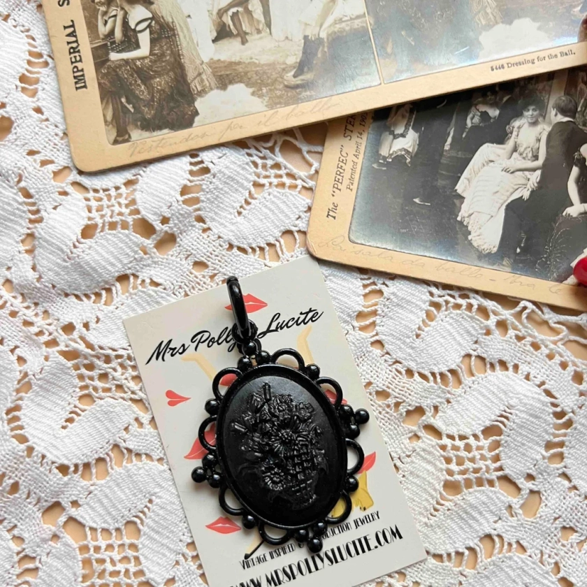 Victorian Mourning Flower Cameo Pendant Whitby Jet Inspired ,bakelite INSPIRED in Fakelite, Resin Gothic Jewelry by Mrs Polly's Lucite - Etsy