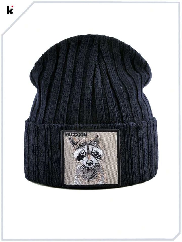 1pc Unisex Black Knitted Beanie Embroidered With Raccoon Patch, Couples Hat For Daily Casual Wear Cute