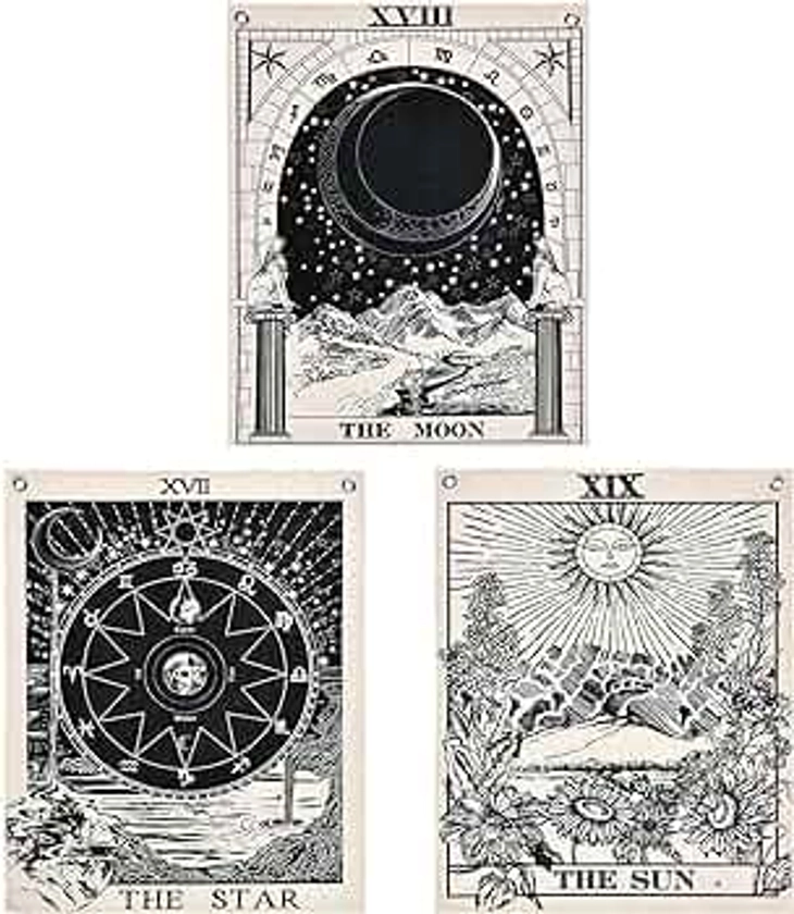 Bless International Tarot Flag Tapestry - The Sun, The Moon and The Star - Bohemian Cotton Printed Hand Made Wall Hanging Tapestries with Steel Grommets, Beige, Pack of 3 (B&W, 11.8 x 15.7 inches)