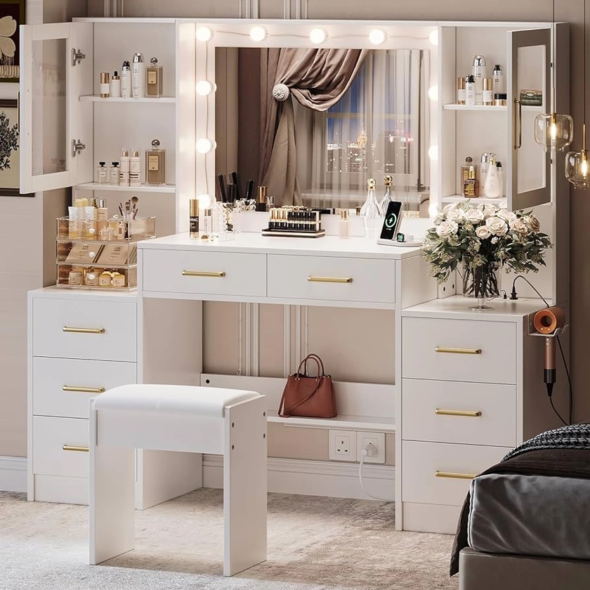 58.3" Large Vanity Desk with Mirror & Lights, Makeup Vanity with 10 LED Lights, 8 Metal Sliding Drawers & 2 Cabinets, White Vanity Set with Stool & Power Outlet 3 Lighting Modes Adjustable Brightness