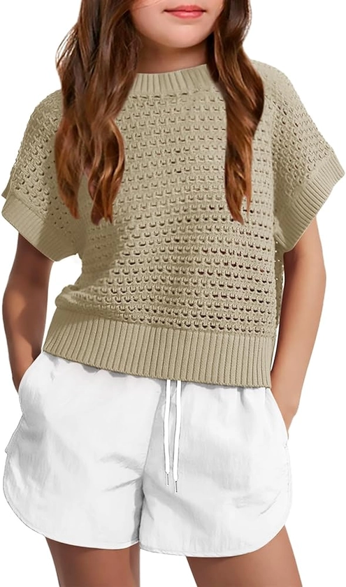 Amazon.com: Haloumoning Girls Short Sleeve T Shirt Crewneck Knit Crop Top Hollow Out Pullovers Sweater 5-14 Years Khaki : Clothing, Shoes & Jewelry