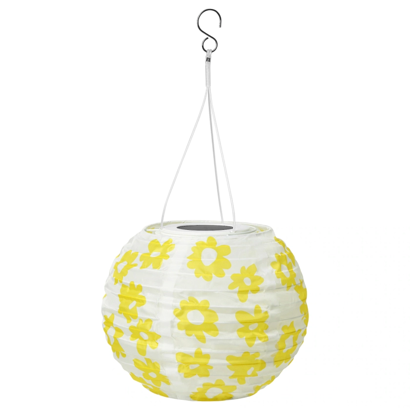 SOLVINDEN LED solar-powered pendant lamp, outdoor globe/yellow flower, 22 cm - IKEA
