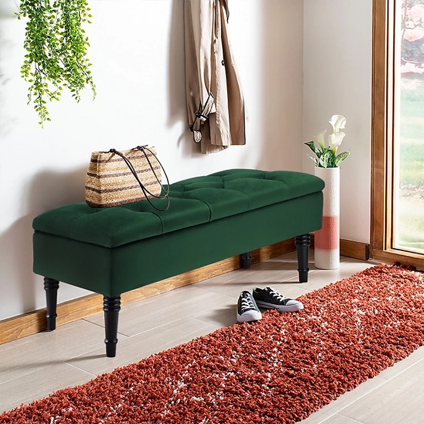 Green Velvet Upholstered Storage Ottoman Bench Bed End Bench with Rubberwood Legs W 1020 x D 410 x H 430 mm | DIY at B&Q