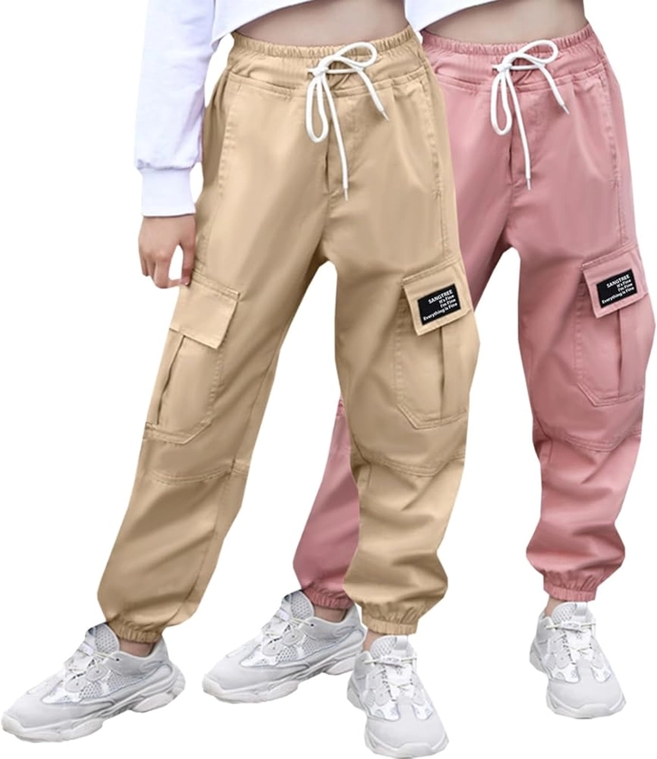 Amazon.com: SANGTREE Girl's 2 Packs Cargo Pants,Elastic Waist Drawstring Tapered Multi Pockets Cargo Jogger Pants for Girl,(Khaki,Pink),11-12 Years= Tag 160: Clothing, Shoes & Jewelry