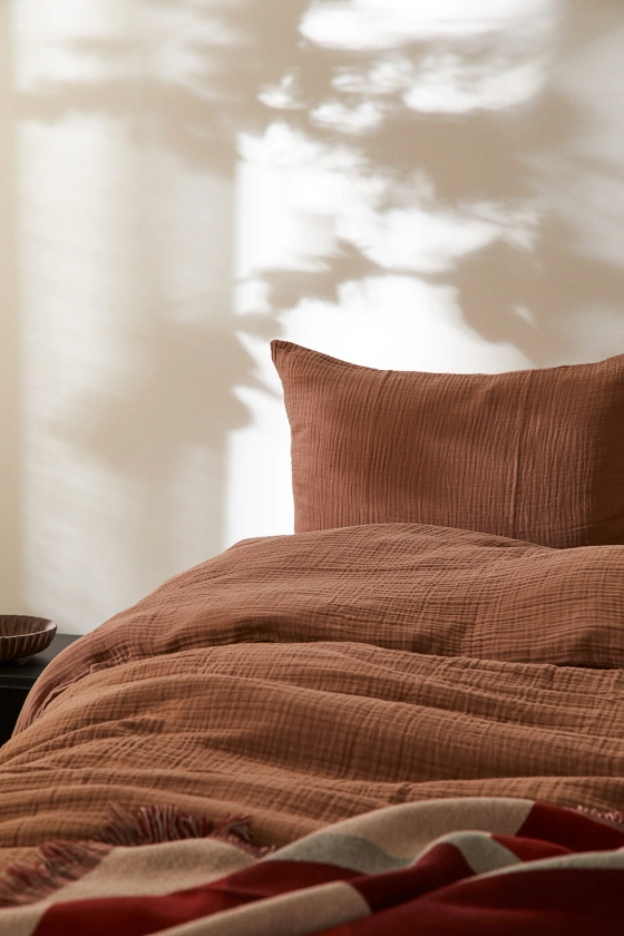 Parure de couette lit simple en mousseline - Marron clair - Home All | H&M FR