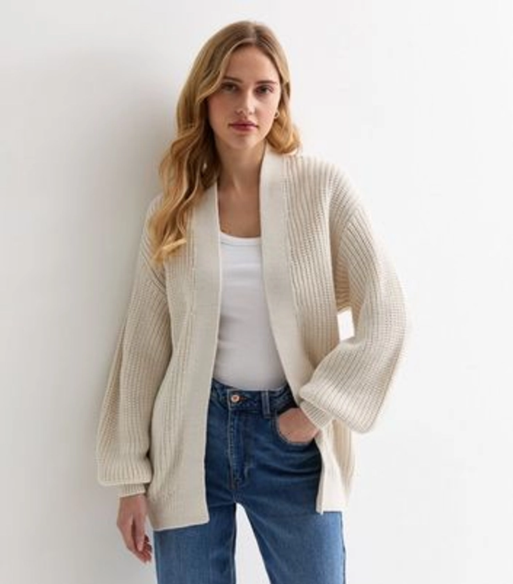 Cream Stitch Knit Balloon Sleeve Cardigan