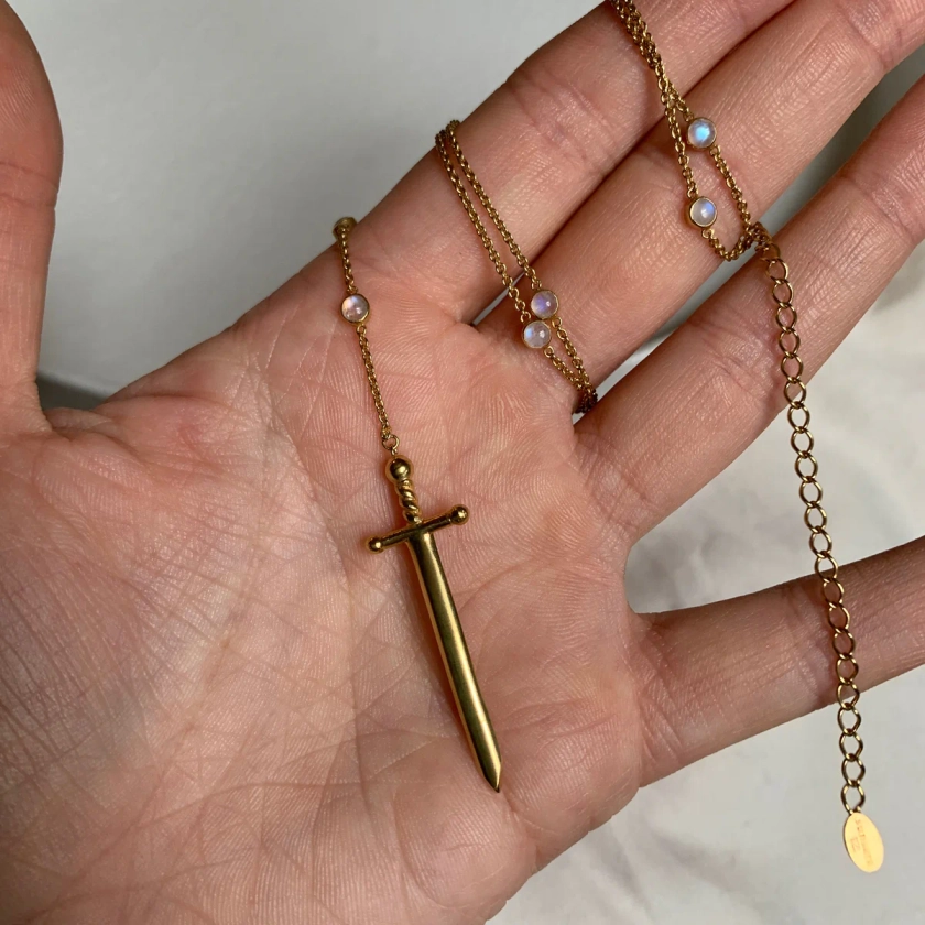 Ace of swords 14K Gold Plated Rainbow Moonstone Necklace
