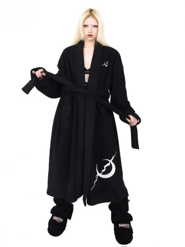 [$102.25]Black Crescent Moon Embroidery Plush Bathrobe