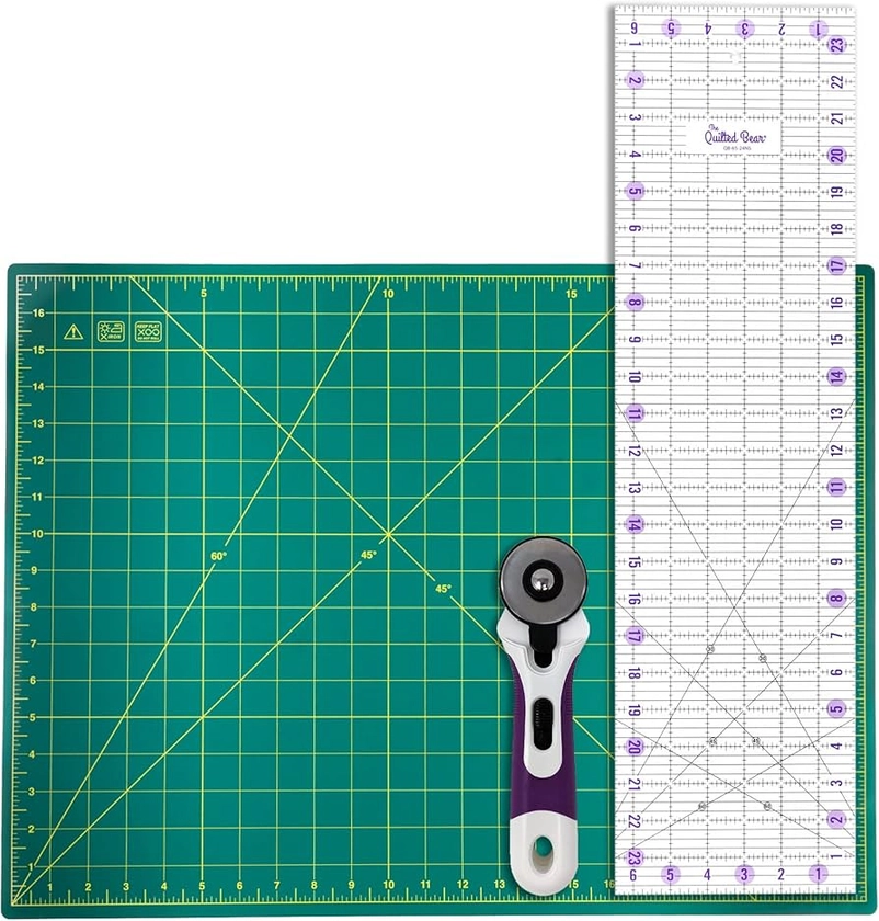 The Quilted Bear 18" x 24" Heavy Duty Self Healing 5 Layer Cutting Mat with 6.5" x 24" Non-Slip Ruler & 45mm Ergonomic Soft Grip Rotary Cutter (Green)