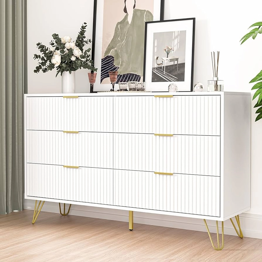 Amazon.com: FURNIWAY White Dresser, Modern 6-Drawer Dresser for Bedroom with Gold Handles, Wide Chest of Drawers for Living Room : Home & Kitchen