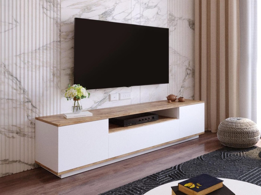 Meuble TV avec 3 portes et 1 niche - Blanc et naturel - LOTULA