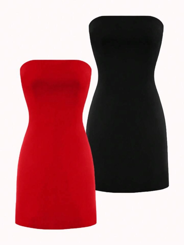 SHEIN Privé 2pcs Solid Color Strapless Dress