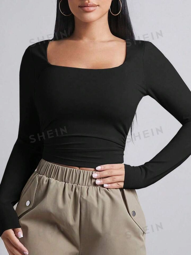 SHEIN BAE Square Neck Ruched Side Crop Tee | SHEIN