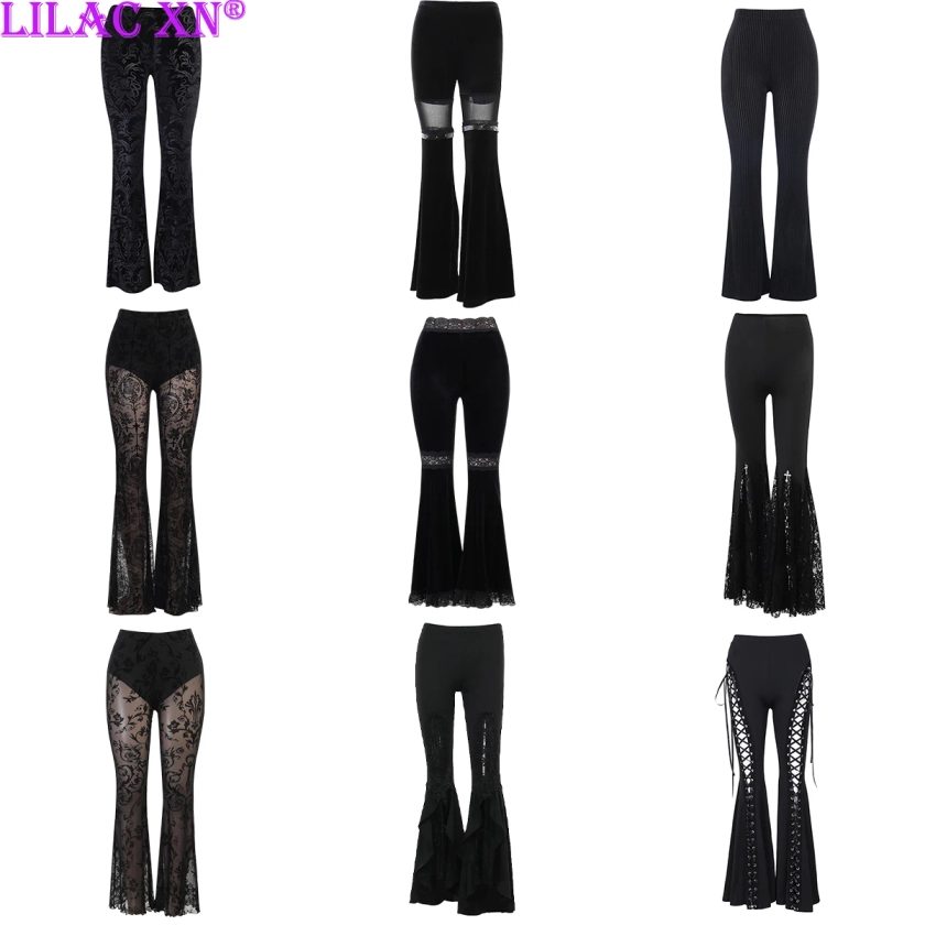 Pantalones Acampanados De Malla Negra Gótica Para Mujer, Pantalones Largos De Terciopelo De Cintura Alta, Estética Vintage Y2k - Pantalones Y Capris - AliExpress