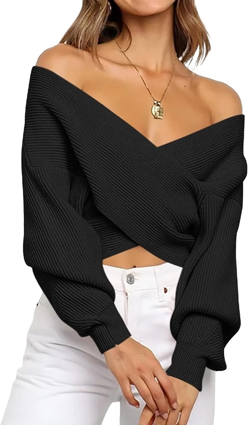 BTFBM Women Casual V Neck Long Sleeve Sweaters Cross Wrap Front Off Shoulder Asymmetric Hem Knitted Crop Solid Pullover