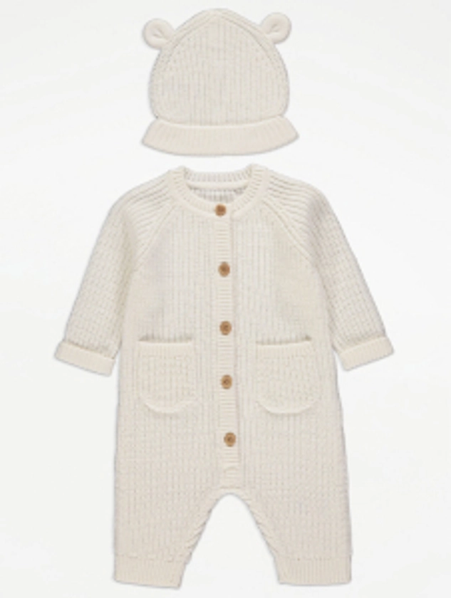 White Knitted All In One and Hat Outfit