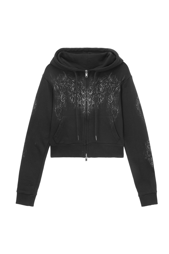 Skully crop hoodie zip-up (Black) - hug your skin