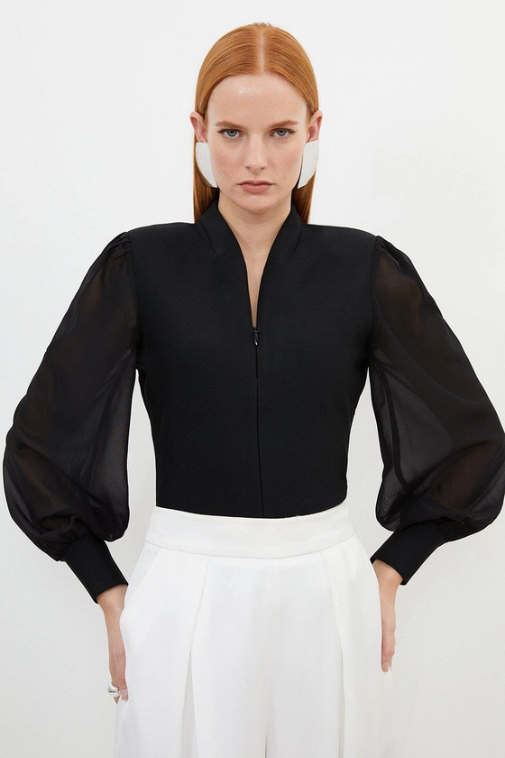 Bandage Figure Form Zip Detail Chiffon Sleeve Knit Top