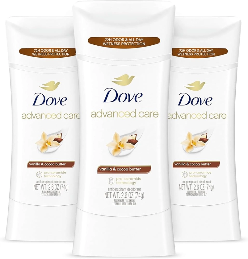 Dove Advanced Care Antiperspirant Deodorant Stick Vanilla & Cocoa Butter 3 Count Antiperspirant deodorant with Pro-Ceramide Technology 72-hour odor control and all-day sweat protection 2.6 oz