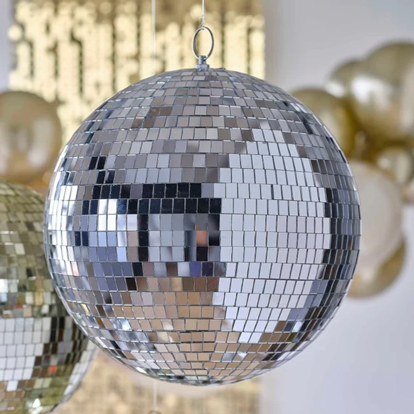 Silver Disco Mirrorball Hanging Decoration - Large, Hanging glitterball party decorations, birthday, wedding, anniversary party decor