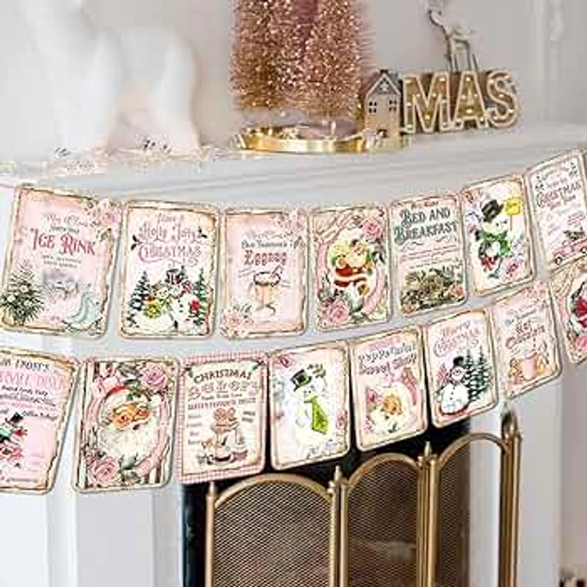 Pink Christmas Decorations Vintage Style Nativity Christmas Banner Traditional Christmas Bunting for Home Fireplace Christmas Holiday New Year Party