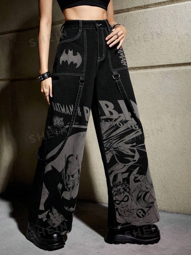 Batman X ROMWE Figure Graphic Wide Leg Jeans, School