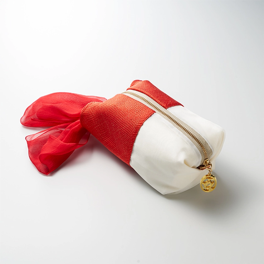 Pouch - KUMIHIMO, red & white, pure silk, make-up pouch, cute, ribbon, Ryukobo, Tokyo Japan, traditional handmade crafts, souvenir, gift, EL COCO LOCO