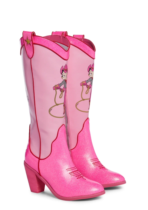 Dolls Kill x Betty Boop Side Zip Glitter Cowboy Boots - Pink