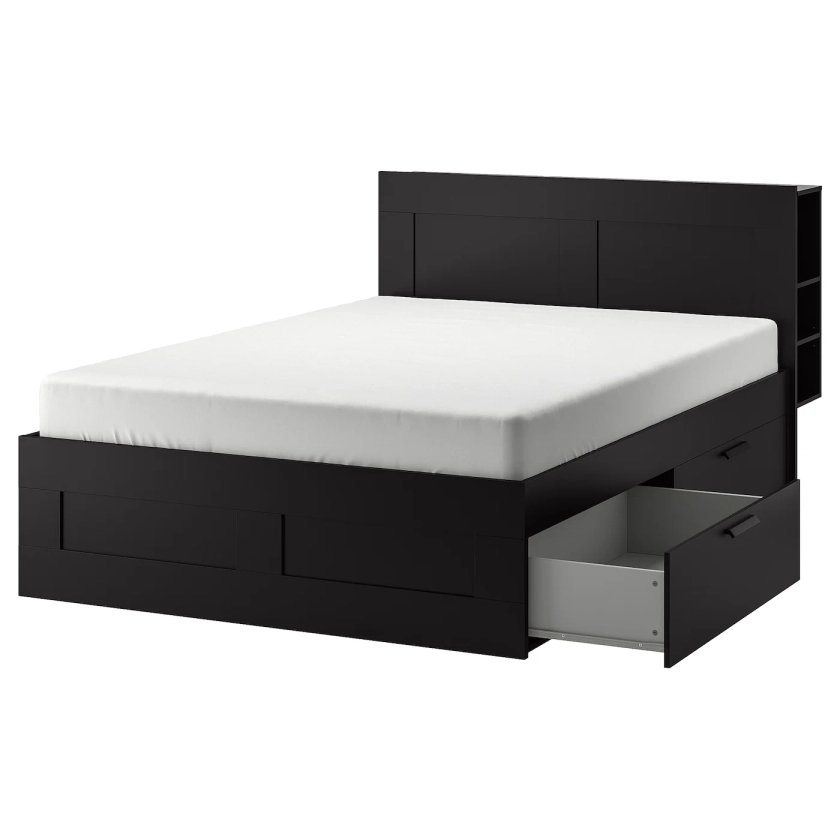 BRIMNES Bed frame with storage & headboard - black/Luröy Full