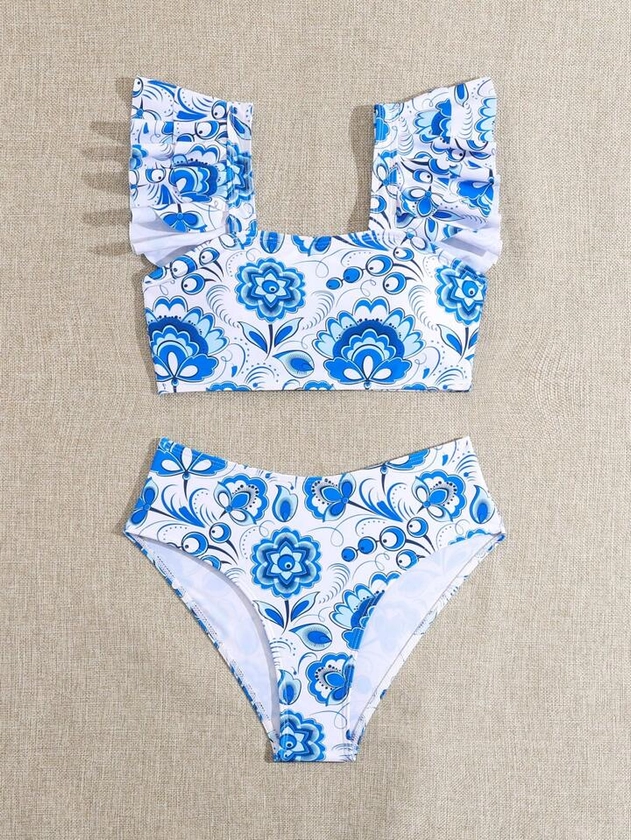 Tween Girl Floral Printed Bikini Set With Pleated Square Neckline And Ruffled Hem For Summer