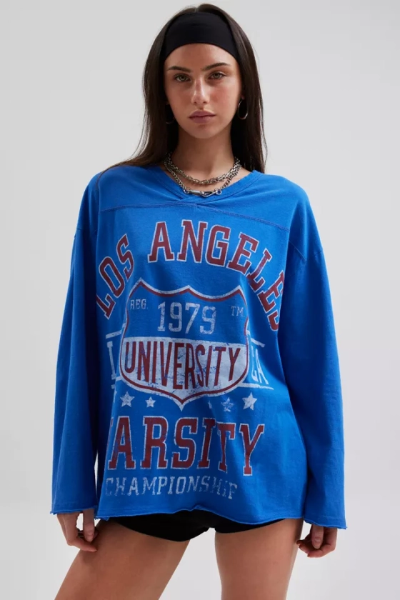 Vintage Varsity V-Neck Long Sleeve Graphic Tee