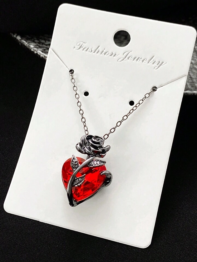 1pc Gothic Dark Style Black Rose, Red Gemstone And Peach Heart Shaped Pendant Necklace For Women, Birthday Or Holiday Gift