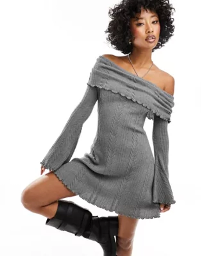 ASOS DESIGN ruched slash neck cold shoulder mini dress in gray cable knit | ASOS