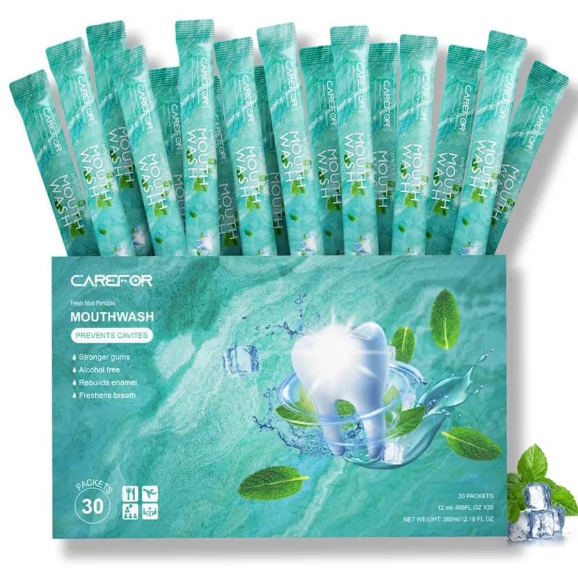 Mouthwash Travel Size Portable Mouthwash Packets to Go, Alcohol & Fluoride Free Fresh Mint Mouthwash Strips for Superior Oral Hygiene,30 Individual Di