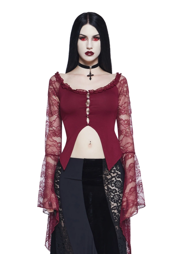 Widow Vampire Goth Stretchy Knit Sheer Long Bell Sleeve Top - Dark Red