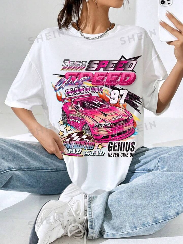 SHEIN EZwear Oversized Casual Women T-Shirt, Simple Design, Round Neck, Short Sleeve, Loose Fit Race SPEED Charge TREASURE OF YOUTH 97 ENERGETIC SPEED LIMIT NOTHING IS IMPOSSIBLE ENERGETIC TAR STAR GENIUS NEVER GIVE UP