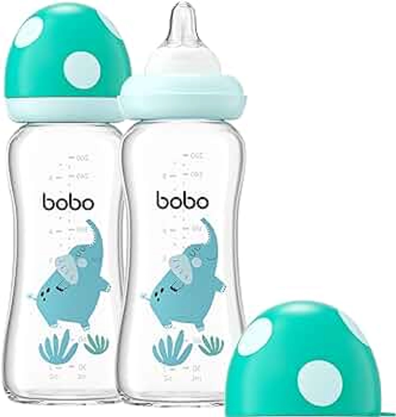 Natural Glass Baby Bottle with Natural Response Nipple, Newborn Anti-Colic Baby Bottles, Wide Neck Mushroom Cap Baby Bottle, Clear (8.8ounce (Pack of 2), Blue2)