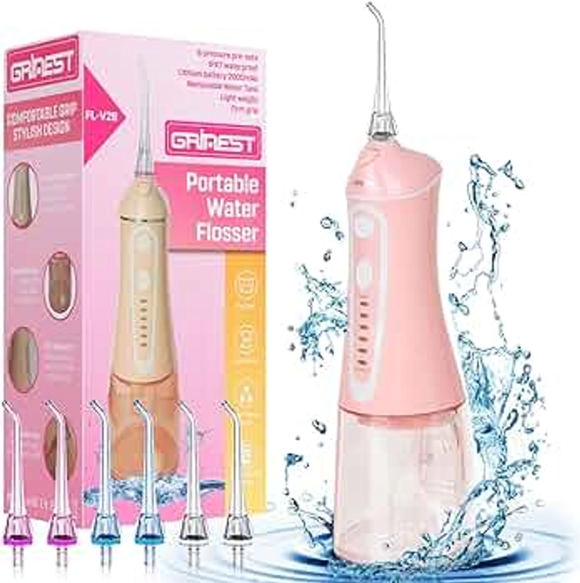 Water Dental Flosser Pick for Teeth,Grinest Cordless Water dental pik Teeth Cleaner 7 Modes Rechargeable Oral Irrigator Portable IPX7 Waterproof tooth flossing cleaning for Home Travel-Pink