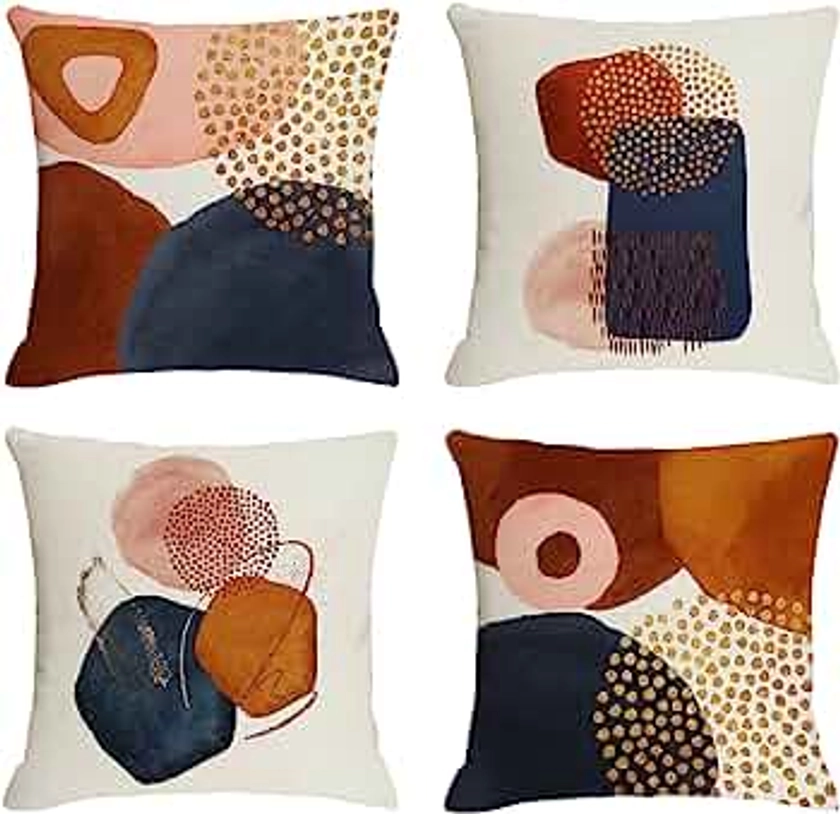 Jartinle Mid Century Modern Boho Abstract Throw Pillow Covers 18x18 Set of 4 Aesthetic Navy Blue Burnt Orange Pillow Covers Geometric Minimalist Decor for Couch Home Decor