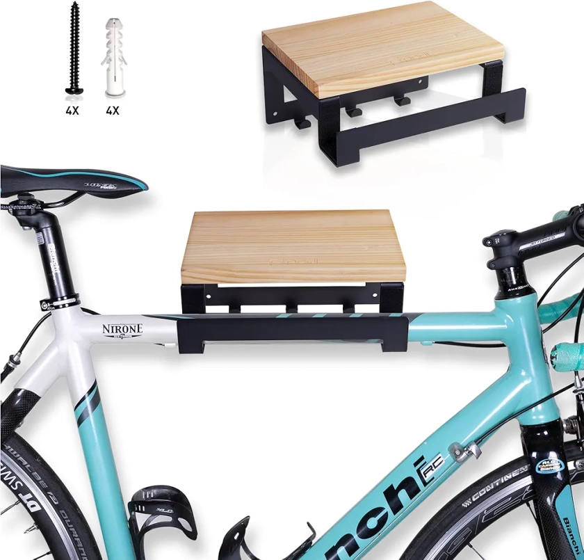 pedl® Support mural design en acier et bois, pour vélo de route, Fixie, vélo électrique, VTT - Support de vélo d'intérieur pour appartement, salon, garage - Avec étagère et crochets, noir