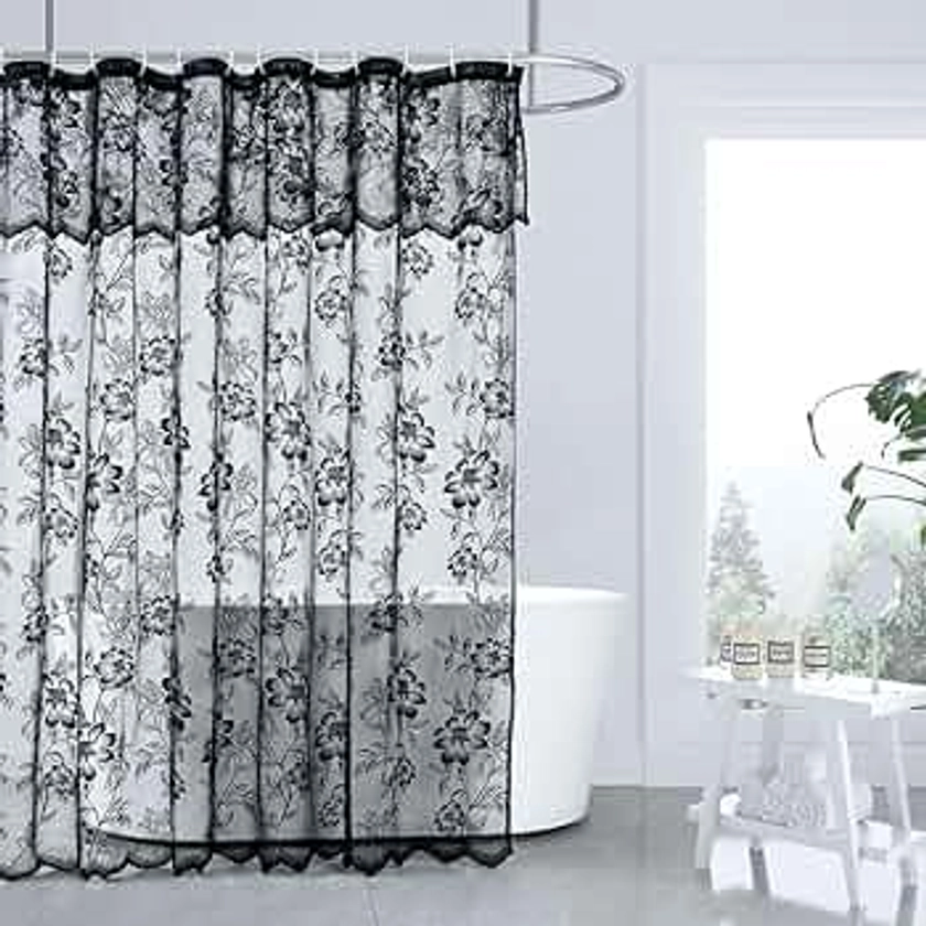 FINECITY Black Lace Shower Curtain for Bathroom, Rustic Vintage Lace Shower Curtain with Attahced Valance, Sheer Shower Curtain Panel, 72 x 72 Inch, 1 Panel, Black