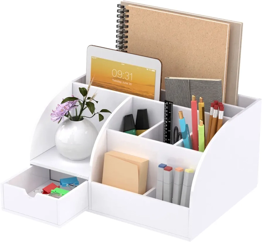 FEMELI Office Desk Organizer and Accessaries,Acrylic Desk Organizer with 8 Compartments +1 Drawer(White)