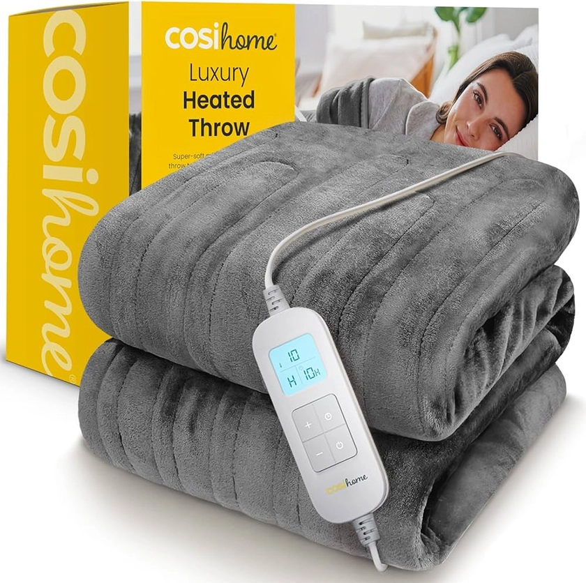 Cosi Home® Luxury Heated Throw - Electric Blanket - Extra Large Heated Blanket, Machine Washable Fleece with Digital Remote, 10hr Timer and 10 Heat Settings (Grey)