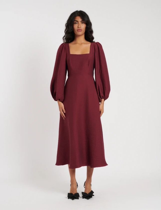 Burgundy Balloon Sleeve Loredana Midi Dress