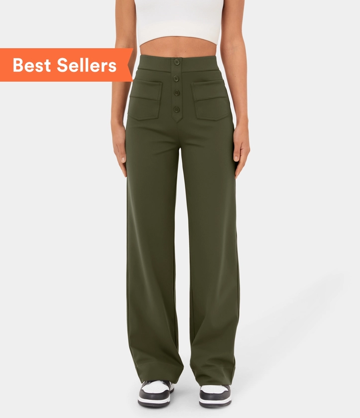 High Waisted Button Multiple Pockets Straight Leg Casual Pants