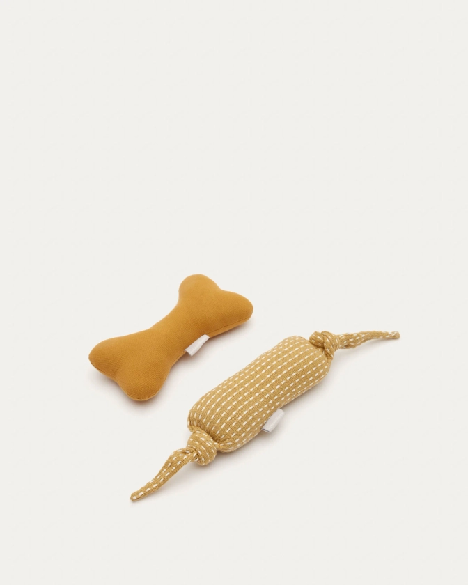 Set Trufa de 2 juguetes para mascota combinado de pespunte mostaza y blanco | Kave Home