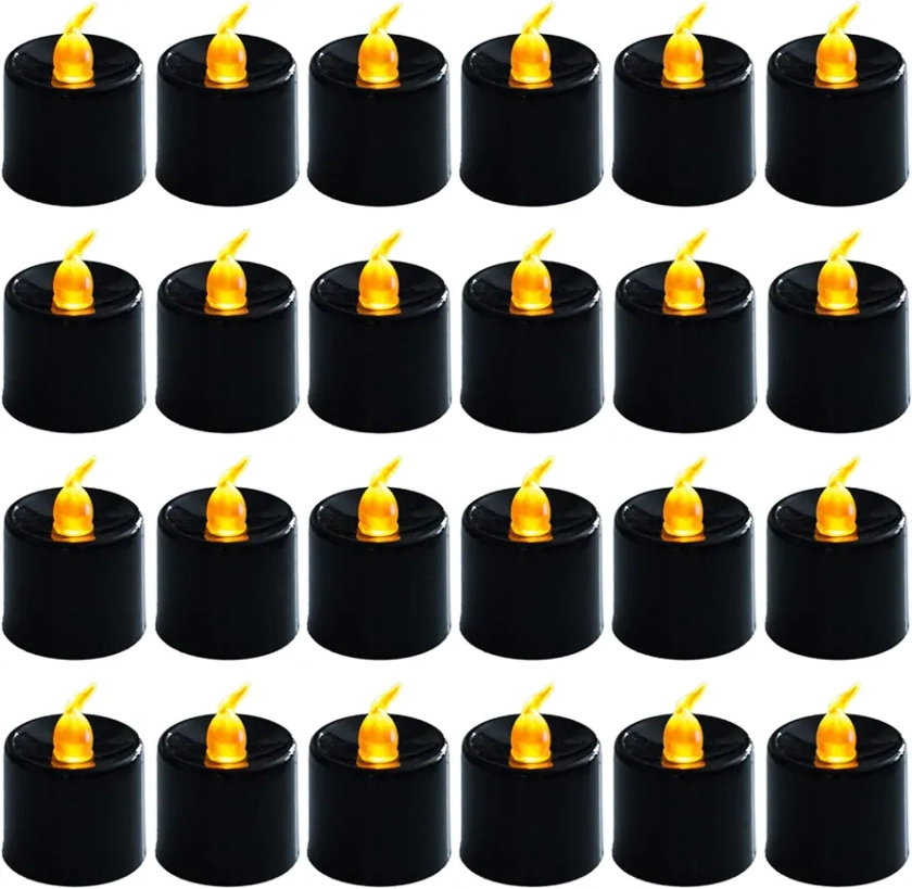 LANKER 24 Pack Black Tea Lights Candles – Flickering Warm Yellow Lights Flameless LED Candles – Battery Operated Fake Candles – Decoration for Halloween and Christmas (Black)