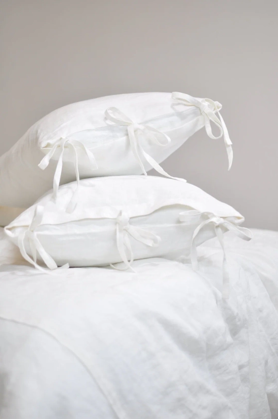 Funda de almohada de lino con corbatas, Funda de almohada 100% lino, Funda de almohada de lino natural, Fundas de almohada blancas con lazo, Almohada de tamaño personalizado - Etsy España