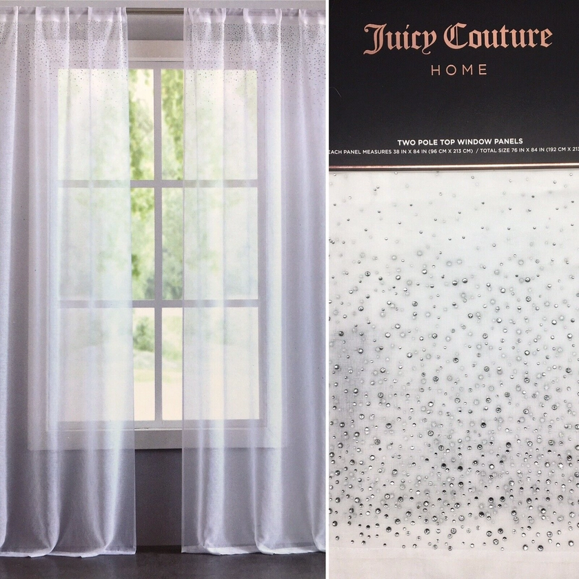 2 Juicy Couture Rhinestone White Sheer Rod Pocket Window Panels Curtain 76x84