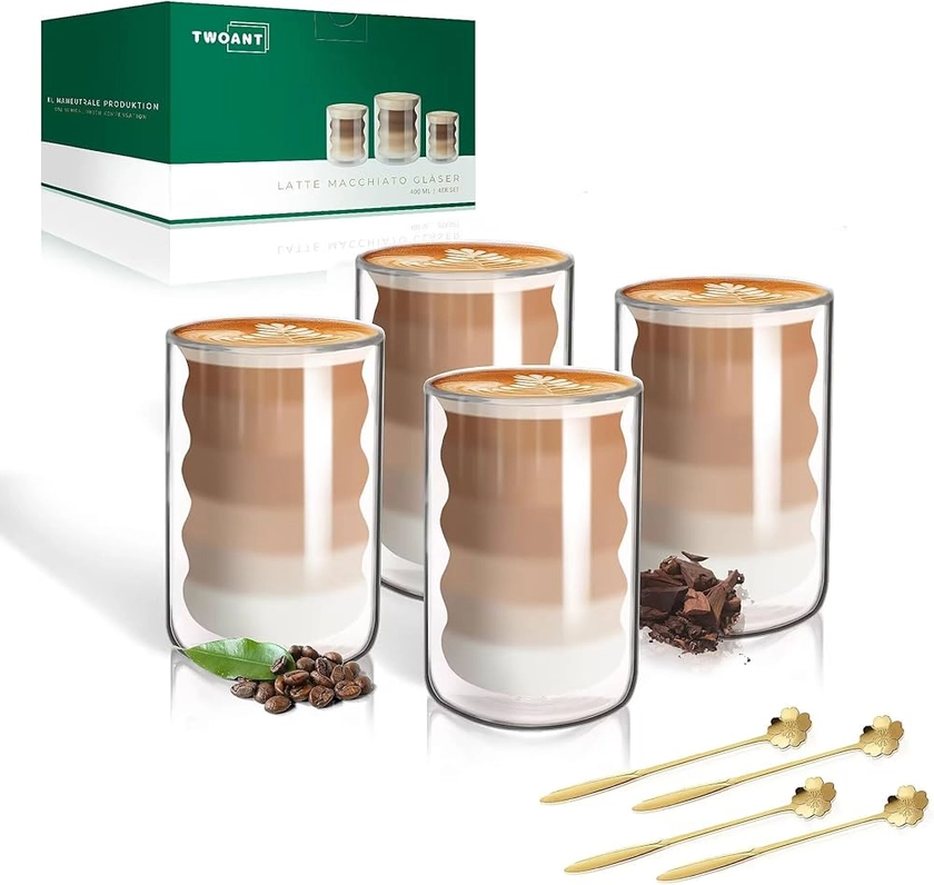 Tasse à Café Double Paroi, 4 x 400 ml Tasse Verre Double Paroi Ensemble, Verres à Expresso avec 4 Cuillères Convient pour latte, macchiato, cappuccino, bière, lait, thé